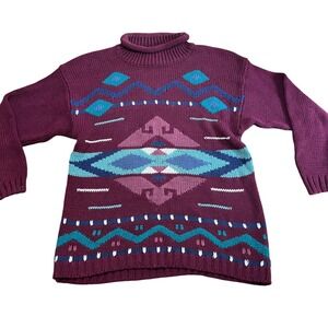 Vintage 90s Plum Geometric‎ Southwestern Turtleneck Sweater Pullover Purple/Teal